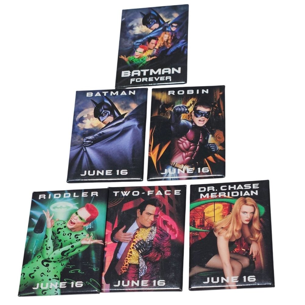 Vintage 1995 Batman Forever Movie Pin Back Buttons Heros Villains Set Of 6